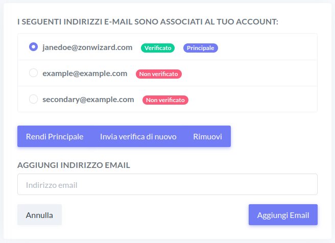gestione indirizzi email